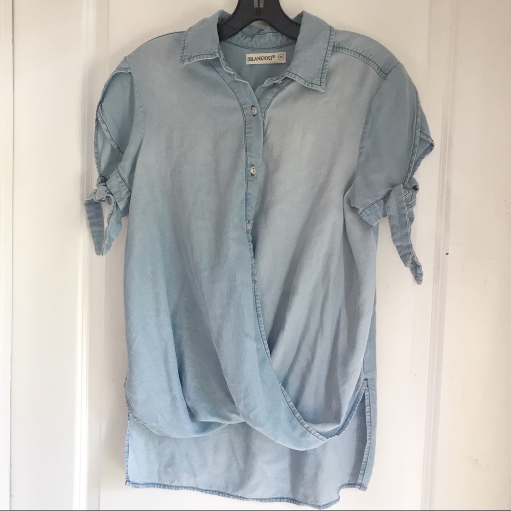 Sky blue Blank NYC soft draped chambray faux wrap hi lo top split tie top